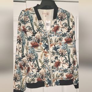 Philosophy Republic L Full Zip Floral Bomber Jacket Beige with Navy Accents EUC